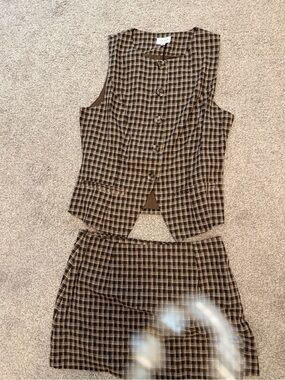 Le Lis Brown & Cream Plaid Skirt with Button Detail